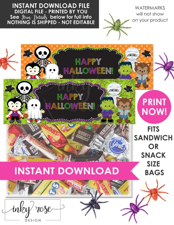 Halloween Bag Toppers PRINTABLE Instant Download Halloween Birthday Party Favors , Chalkboard Bag Topper Classroom Party Supplies Costume
