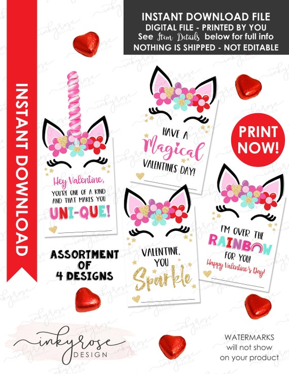 Unicorn Valentines Cards INSTANT DOWNLOAD Kids