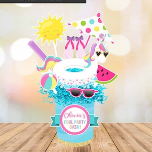 May include: A printable centerpiece for a pool party. The centerpiece features a blue and white pool float, a watermelon, a unicorn, sunglasses, a beach ball, a beach umbrella, and a sun. The centerpiece also includes a sign that says "Olivia's Pool Party Bash!"