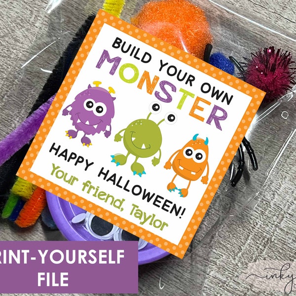 Build A Monster Halloween Favor Tags PRINTABLE Stickers Labels, Halloween Birthday Party Thank You Gift Tags, Classroom Supplies