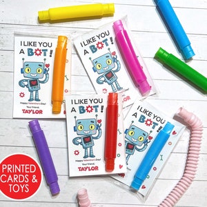 Robot Valentine Cards, PRINTED Valentines Day Card for Kids, Pop Tube Fidget Toy Favor for Kids, Candy Free,  Preschool Toddler