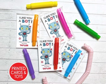 Robot Valentine Cards, PRINTED Valentines Day Card for Kids, Pop Tube Fidget Toy Favor for Kids, Candy Free,  Preschool Toddler