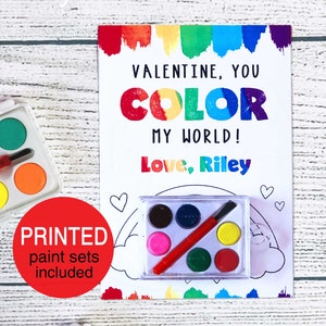 Kids Valentine Cards, PRINTED Color My World Valentines, Valentine's Card with Watercolor Paint, Non Candy Free School Class Preschool Art image 1