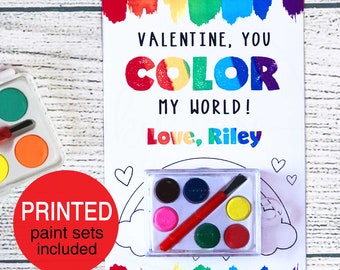 Kids Valentine Cards, PRINTED Color My World Valentines, Valentine's Card with Watercolor Paint, Non Candy Free School Class Preschool Art