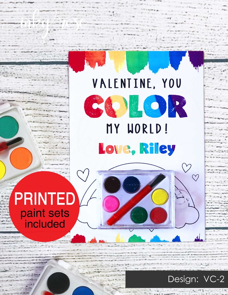 Kids Valentine Cards, PRINTED Color My World Valentines, Valentine's Card with Watercolor Paint, Non Candy Free School Class Preschool Art image 1