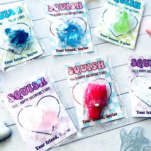 May include: Six Valentine's Day gift bags with colorful squishy toys inside. Each bag has a pink and blue heart with the text "SQUISH YOU A HAPPY VALENTINE'S DAY!" and "Your friend, Taylor".