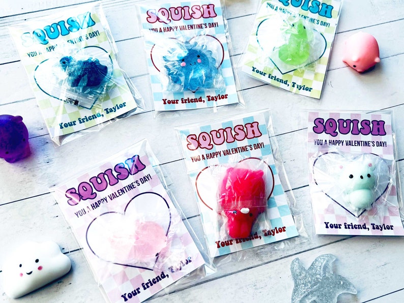 May include: Six Valentine's Day gift bags with colorful squishy toys inside. Each bag has a pink and blue heart with the text "SQUISH YOU A HAPPY VALENTINE'S DAY!" and "Your friend, Taylor".