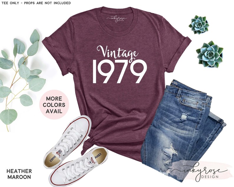 Birth Year Shirt 1979, Retro 1979 T-Shirt, 1979 Birthday Gift for Him or Her, Ready to Ship Graphic Tee, Unisex Shirt Heather Maroon