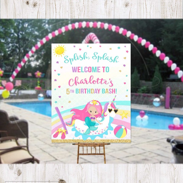 Mermaid Unicorn Pool Party Decorations Welcome Sign PRINTABLE, Mermaid Party Decorations Birthday Party Supplies Decor Printables Signage