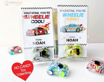Race Car Valentine Cards with Toy, Boy Valentines, Non Candy Classroom Valentines, Printed Wheelie Personalized Kids Valentines