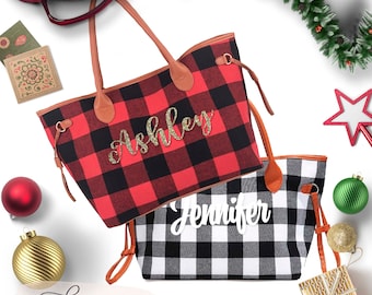 Christmas Tote Bag Personalized with Handles Buffalo Plaid Check, Christmas Gift for Her, Secret Santa Gift Women Teacher