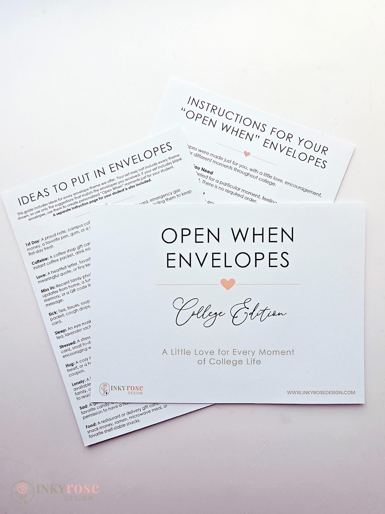 May include: A set of white instructional cards for Open When Envelopes College Edition. The cards feature black text, a small peach heart icon, and the Inky Rose Design logo. The text includes instructions, ideas for envelope contents, and a title.