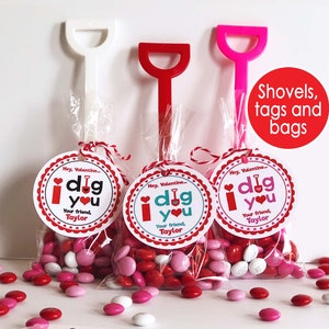 I Dig You Valentine Shovel, PRINTED Valentine Treat Bags Classroom Valentines, Valentine's Day Cards for Kids