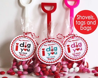 I Dig You Valentine Shovel, PRINTED Valentine Treat Bags Classroom Valentines, Valentine's Day Cards for Kids