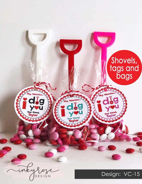 I Dig You Valentine Shovel, PRINTED Valentine Treat Bags Classroom