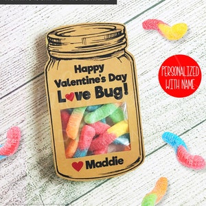 Love Bug Valentine Cards for Kids, PRINTABLE Classroom Valentines, Gummy Worm Candy Valentine's Day Card Mason Jar Boys School Class Teacher