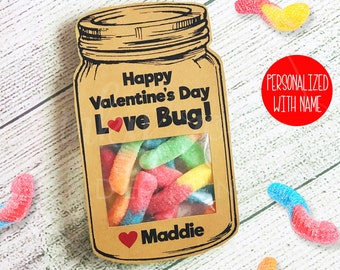 Love Bug Valentine Cards for Kids, PRINTABLE Classroom Valentines, Gummy Worm Candy Valentine's Day Card Mason Jar Boys School Class Teacher