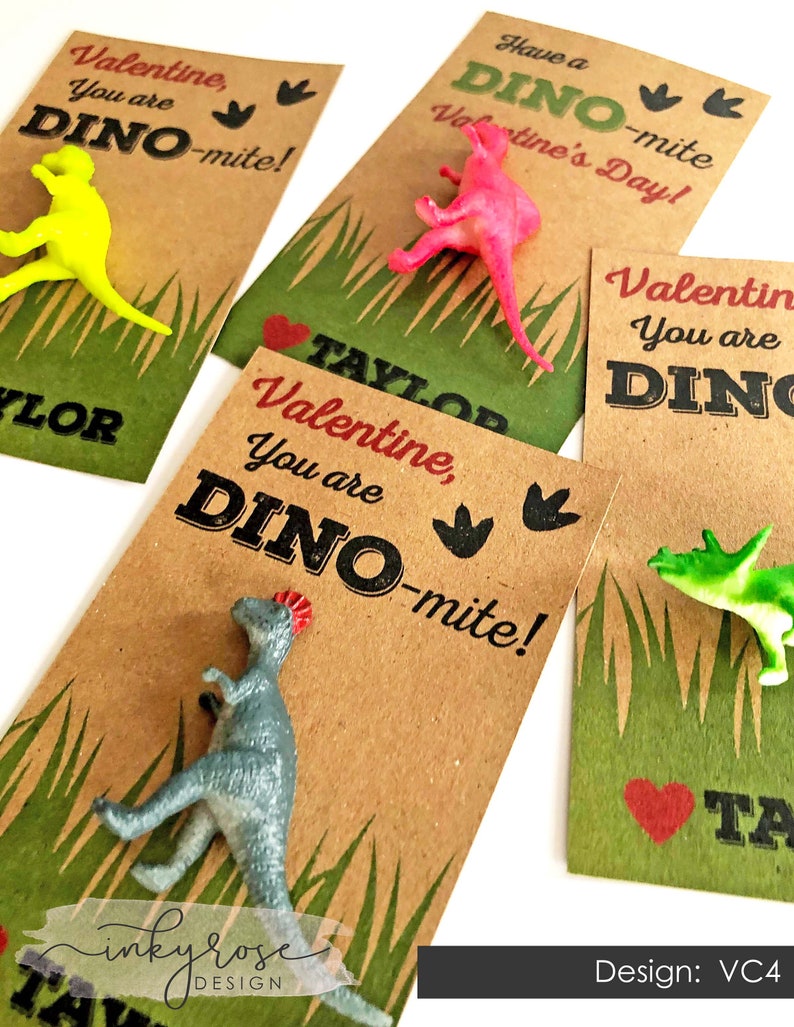 Dinosaur Valentine Cards, PRINTED Dino-mite Valentines for Boys Kids, Classroom Valentine's Day Card Toy Class School Non Candy Dinomite image 4