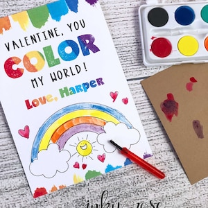 Kids Valentine Cards, PRINTED Color My World Valentines, Valentine's Card with Watercolor Paint, Non Candy Free School Class Preschool Art image 4