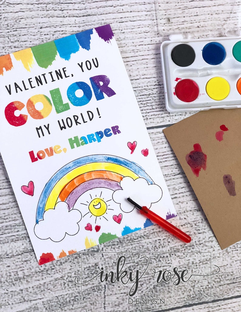 Kids Valentine Cards, PRINTED Color My World Valentines, Valentine's Card with Watercolor Paint, Non Candy Free School Class Preschool Art image 4