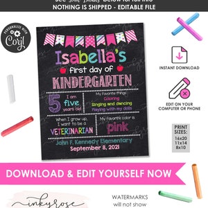 First Day of School Sign PRINTABLE, 1st First Day of Kindergarten Chalkboard Digital Poster, Back to School ANY GRADE