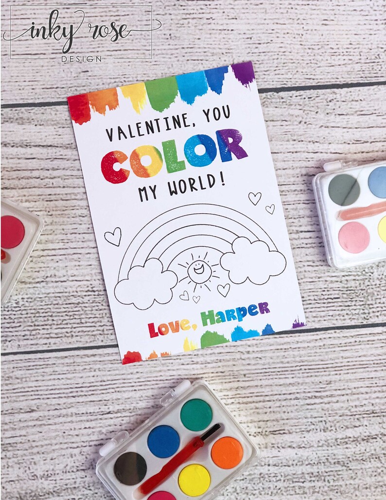 Kids Valentine Cards, PRINTED Color My World Valentines, Valentine's Card with Watercolor Paint, Non Candy Free School Class Preschool Art image 3