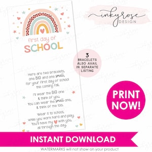 Erster Tag der Schule Armband PRINTABLE Sofortiger Download, Back to School Mommy and Me Herz Regenbogen passendes Geschenk