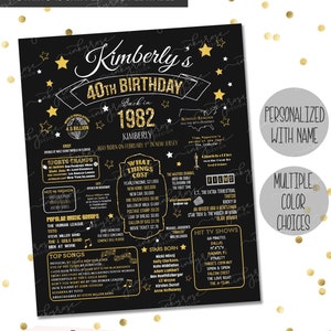 40th Birthday Party Decorations PRINTABLE Sign, Fortieth 40th Birthday Gift for Women Men, Gold 1982 Birthday Poster Chalkboard Facts Decor