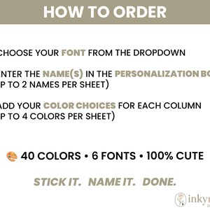 May include: A white graphic with instructions on how to order personalized items. The text includes steps to choose fonts, enter names, and select colors. The graphic also states "40 COLORS &bull; 6 FONTS &bull; 100% CUTE" and "STICK IT. NAME IT. DONE."