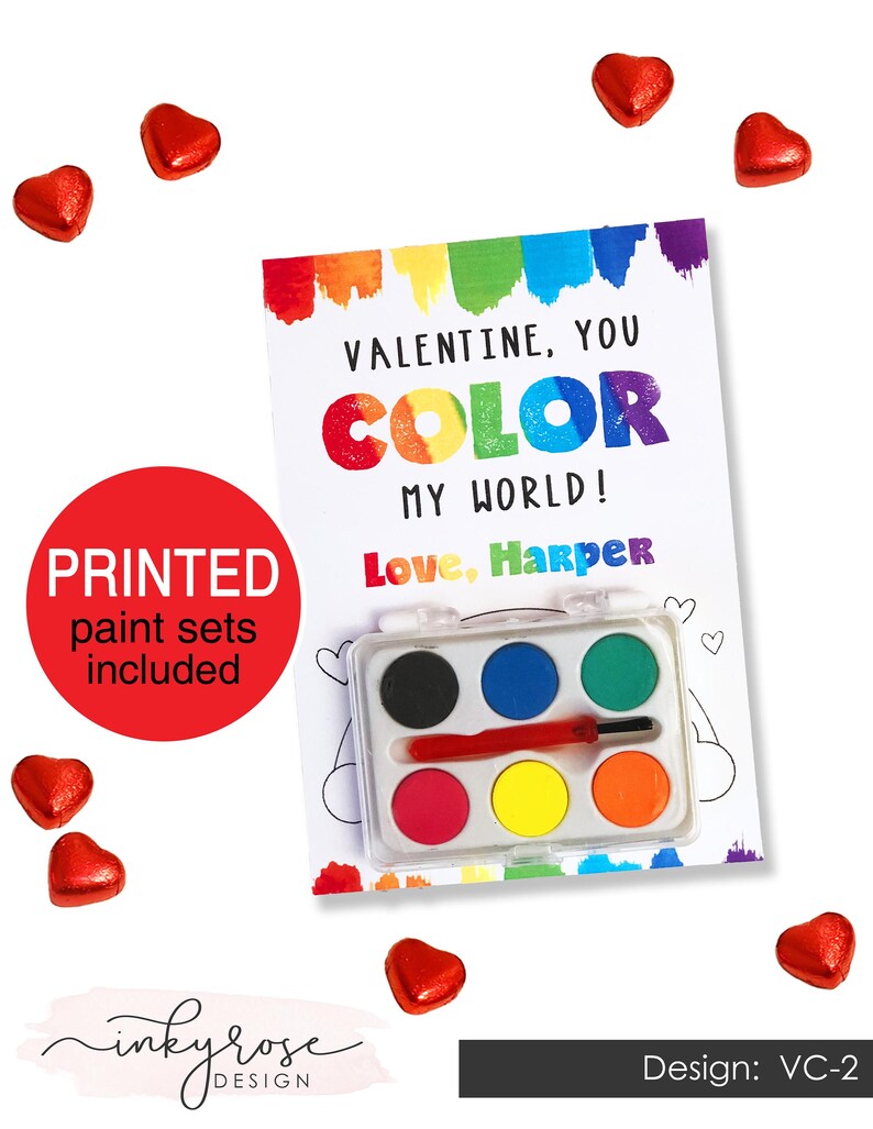 Kids Valentine Cards, PRINTED Color My World Valentines, Valentine's Card with Watercolor Paint, Non Candy Free School Class Preschool Art image 7