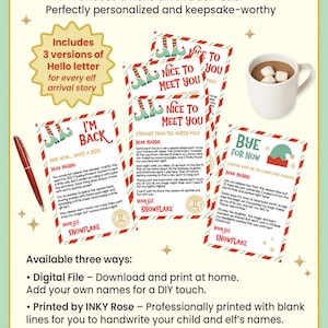 A festive product graphic showcasing three personalized elf letters — “I’m Back,” “Nice to Meet You,” and “Bye for Now” — along with a red pen, mug of cocoa, and golden sparkle accents. A gold badge notes that three versions of the “Nice to Meet You” letter are included for different elf arrival stories. The banner at the bottom reads: “Personalized your way — digital, printed, or fully custom.” Background is cream with mint and gold border in a retro holiday style.