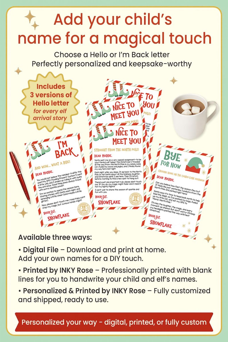 A festive product graphic showcasing three personalized elf letters — “I’m Back,” “Nice to Meet You,” and “Bye for Now” — along with a red pen, mug of cocoa, and golden sparkle accents. A gold badge notes that three versions of the “Nice to Meet You” letter are included for different elf arrival stories. The banner at the bottom reads: “Personalized your way — digital, printed, or fully custom.” Background is cream with mint and gold border in a retro holiday style.