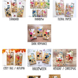 May include: A variety of gift box styles are shown, including standard, rainbow, floral paper, dark romance, cozy fall/autumn, Halloween, holiday/Christmas, and gift boxes. The boxes are decorated with different themes and colors.