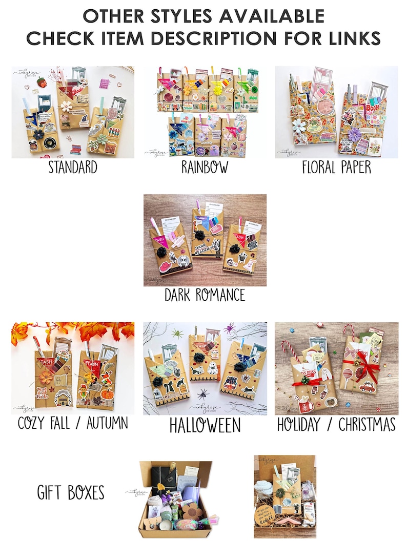 May include: A variety of gift box styles are shown, including standard, rainbow, floral paper, dark romance, cozy fall/autumn, Halloween, holiday/Christmas, and gift boxes. The boxes are decorated with different themes and colors.