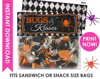 Halloween Bag Toppers PRINTABLE Bugs and Kisses Halloween Treat Bag Topper INSTANT DOWNLOAD Party Favor Bags Chalkboard Tags Supplies Spider