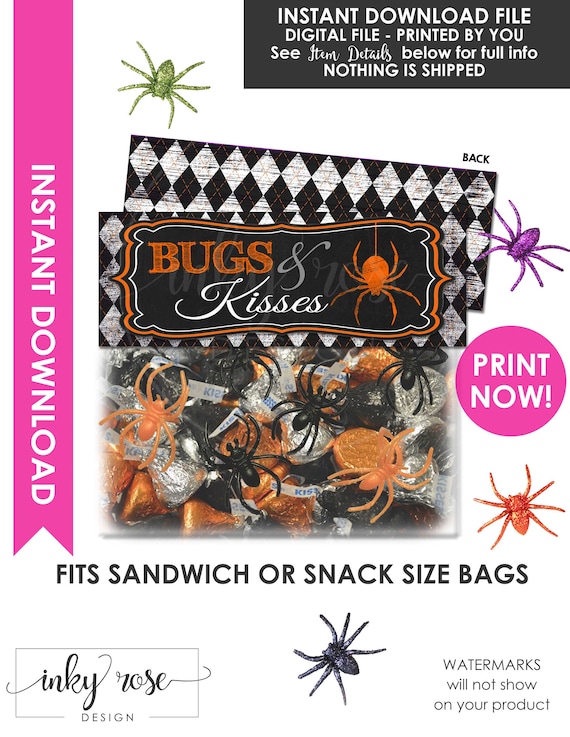 Halloween Bag Toppers PRINTABLE Bugs and Kisses Halloween Treat Bag Topper INSTANT DOWNLOAD Party Favor Bags Chalkboard Tags Supplies Spider