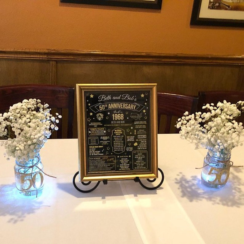 May include: A gold framed black chalkboard sign with gold lettering that reads "Beth and Bob's 50th Anniversary 1968" with a list of events that happened in 1968. The sign is on a black metal easel and is sitting on a white tablecloth. There are two mason jars with white flowers and gold glitter on the table.