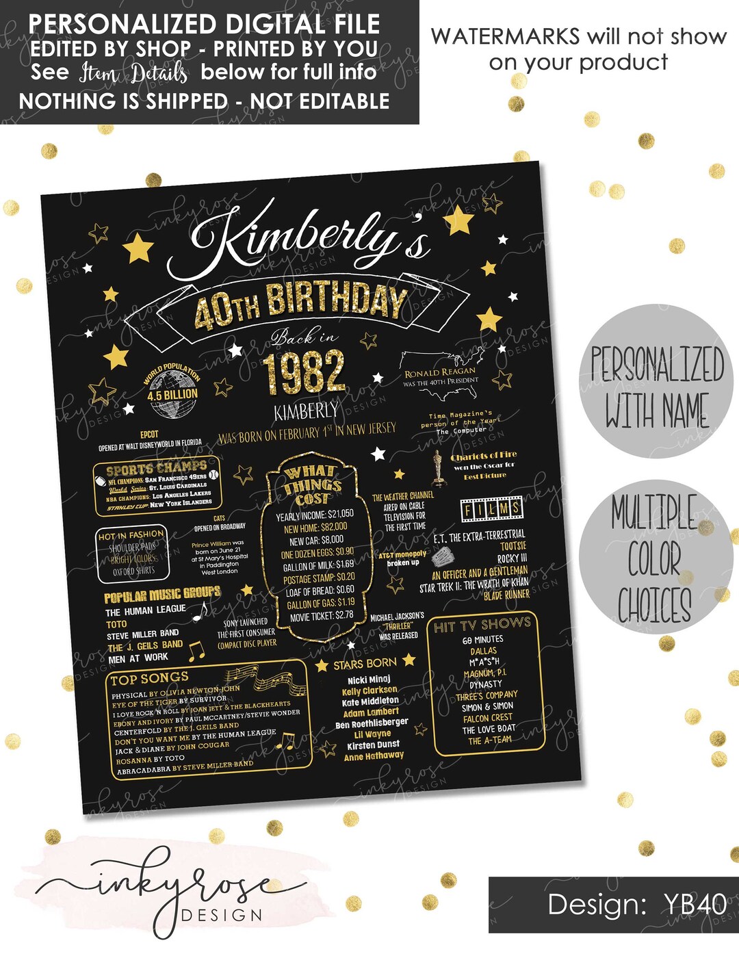 40th Birthday PRINTABLE Sign, Gold Party Decorations Fortieth 40th ...