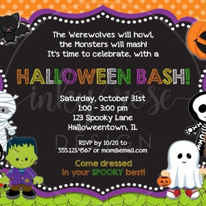 May include: A Halloween party invitation with a black chalkboard background. The invitation features colorful text that reads "Halloween Bash!" and includes details about the party, such as the date, time, and location. The invitation is decorated with various Halloween-themed characters, including a mummy, a vampire, a Frankenstein, a ghost, a skeleton, and a werewolf.