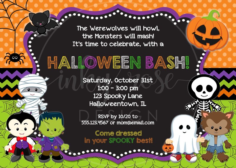 May include: A Halloween party invitation with a black chalkboard background. The invitation features colorful text that reads "Halloween Bash!" and includes details about the party, such as the date, time, and location. The invitation is decorated with various Halloween-themed characters, including a mummy, a vampire, a Frankenstein, a ghost, a skeleton, and a werewolf.