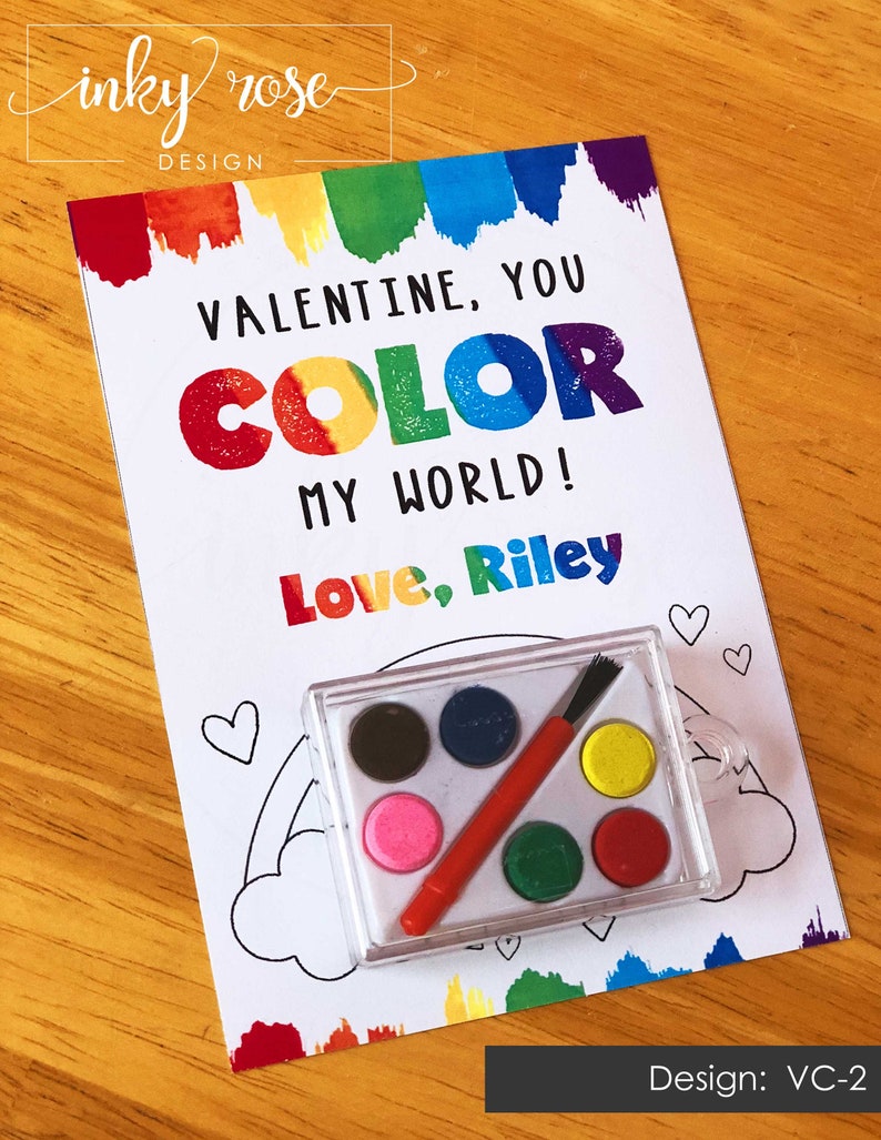 Kids Valentine Cards, PRINTED Color My World Valentines, Valentine's Card with Watercolor Paint, Non Candy Free School Class Preschool Art image 2