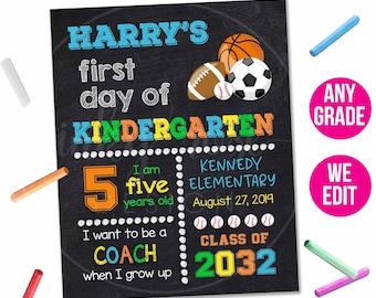 Sports First Day of School Chalkboard Sign PRINTABLE, 1st Day of Kindergarten Sign Digital Poster, Boy Back to School Photo Prop, Any Grade