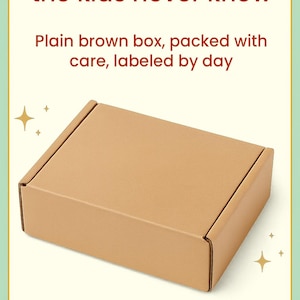 Promotional image showing a closed plain brown kraft mailer box with sparkles around it, on a cream background bordered in mint and gold. The text reads ‘Ships discreetly so the kids never know’ and ‘Plain brown box, packed with care, labeled by day.’ A red banner at the bottom says ‘Carefully packed, parent-approved, 100% holiday ready.’ The design has a warm, trustworthy, festive retro look.