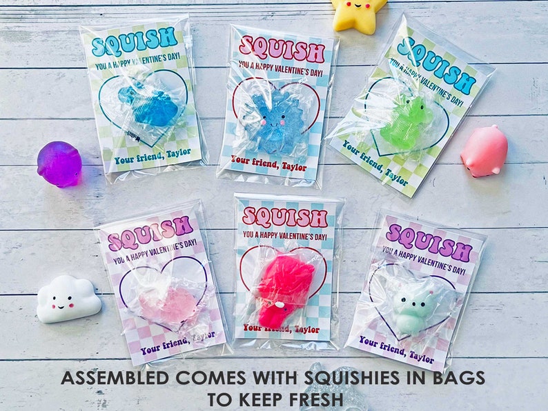 May include: Five Valentine's Day cards with colorful squishy toys inside. Each card has a pink and white checkered background with the text "SQUISH YOU A HAPPY VALENTINE'S DAY!" and "Your friend, Taylor".