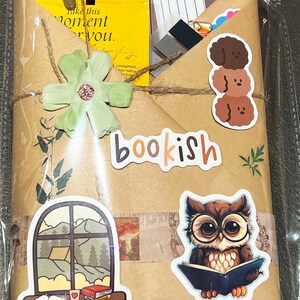 A fall-themed Blind Date with a Book bundle wrapped in kraft paper and twine, decorated with autumn stickers like an owl  and books, and includes a highlighter, tea, book tabs, and a bookmark, adorned with a flower, giving off cozy fall vibes.