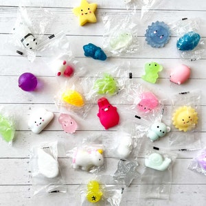 May include: Assortment of colorful, small, squishy toys in various shapes, including a cloud, a star, a sun, a snail, a unicorn, a chick, a flower, a heart, a frog, a fish, a ladybug, a panda, a ghost, and a ball. The toys are packaged in clear plastic bags.