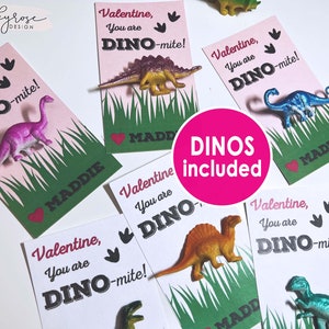 Dinosaur Valentine Cards, PRINTED Dino-mite Valentines for Girls Kids, Classroom Valentine's Day Card Toy Class School Non Candy Dinomite
