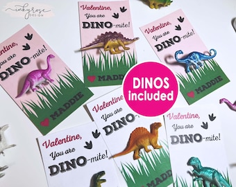 Dinosaur Valentine Cards, PRINTED Dino-mite Valentines for Girls Kids, Classroom Valentine's Day Card Toy Class School Non Candy Dinomite