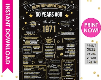 50th Anniversary Gifts for Parents INSTANT DOWNLOAD 50th Anniversary Poster Sign, 1971 Chalkboard Party Decoration PRINTABLE, Ideas Marriage