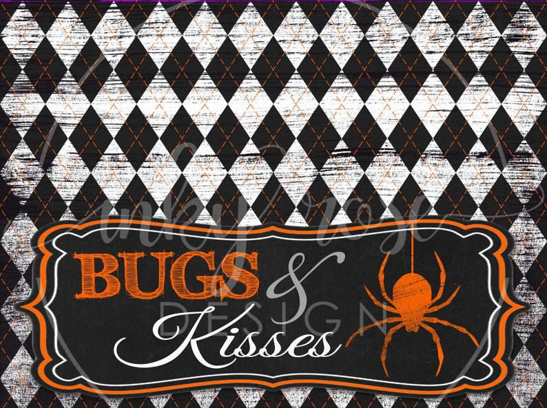 May include: A black and white diamond patterned background with a black sign that says "Bugs & Kisses" in orange and white text. A black spider with orange legs is hanging from the sign.